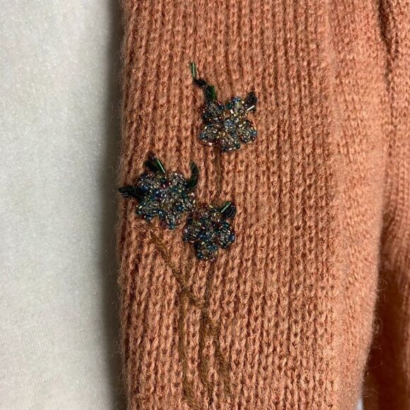 Vintage 80s Beaded Knit Cardigan Sweater M Mauve Pink Buttons Pockets Tie Waist - Picture 3 of 7